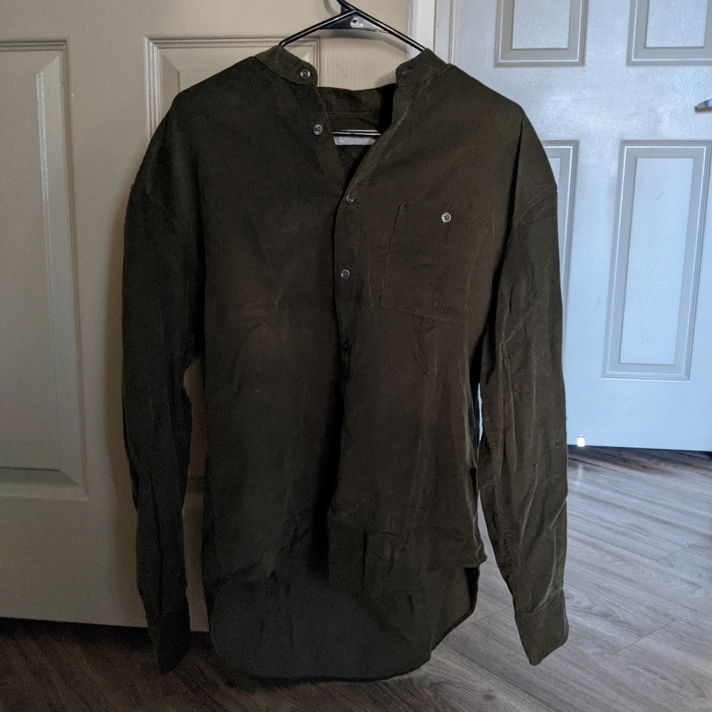 Corduroy Band Collar Shirt - Khaki Green